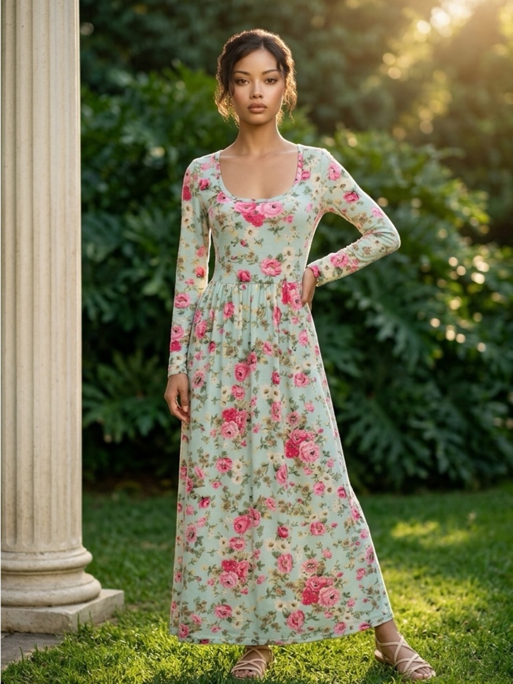 DIRASS Women’s Small Mint Floral Scoop-Neck Maxi Dress with Pink Rose Print EUC